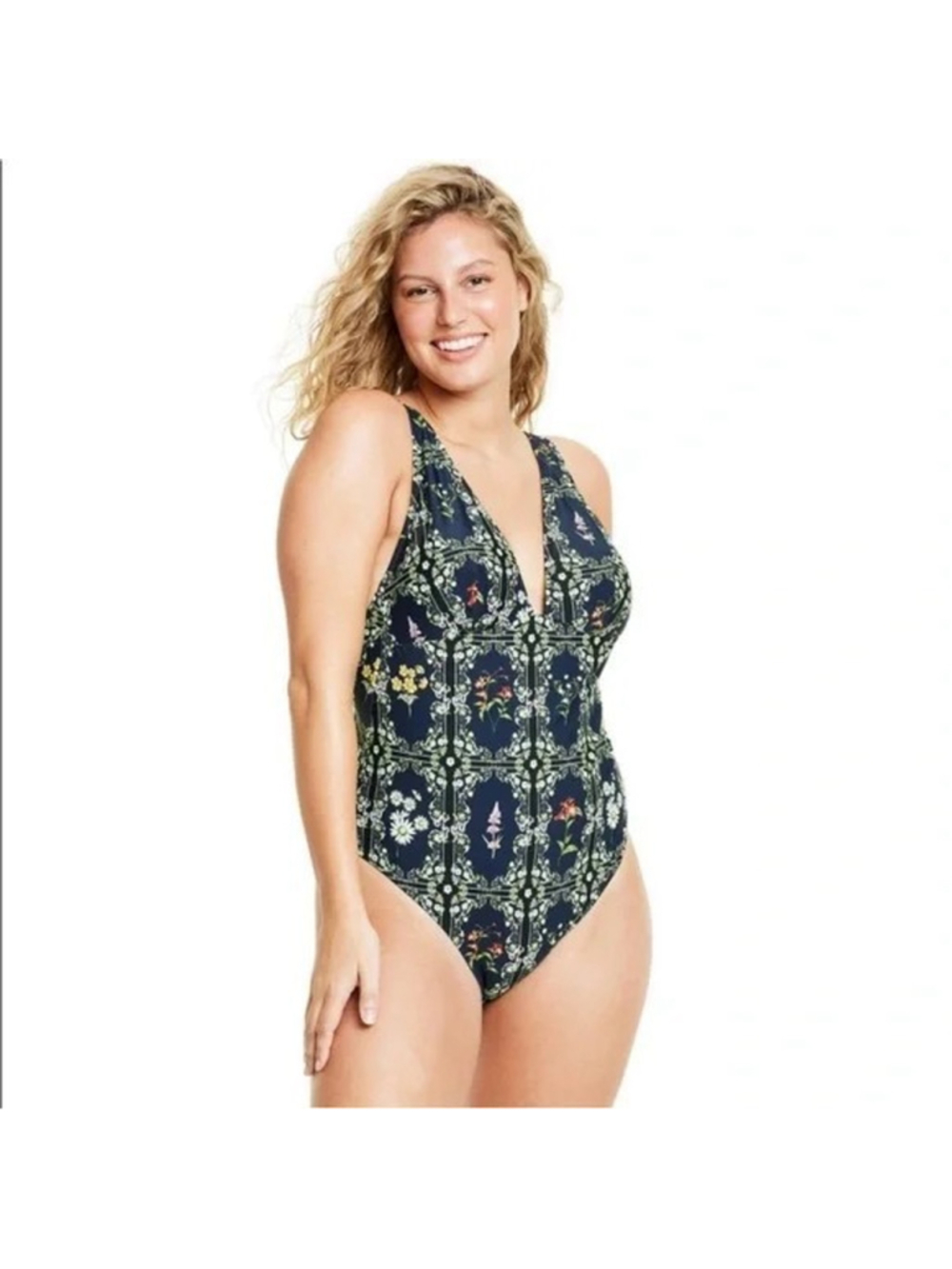 Agua Bendita Dainty Floral Tile Print Cheeky One Piece Swimsuit Sz 3X Vacation